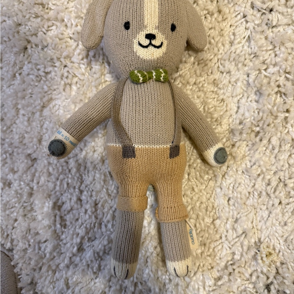 Cuddle + Kind Knit Doggy Stuffed Animal with Bow Tie - Tan and Gray